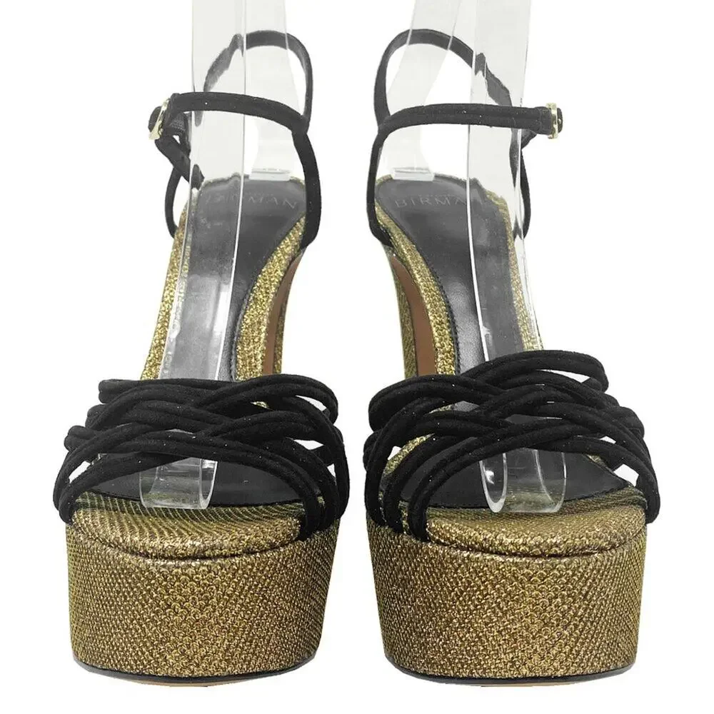Alexandre Birman Platform Sandals‎ Black Suede Gold Metallic Size 37/ US 7